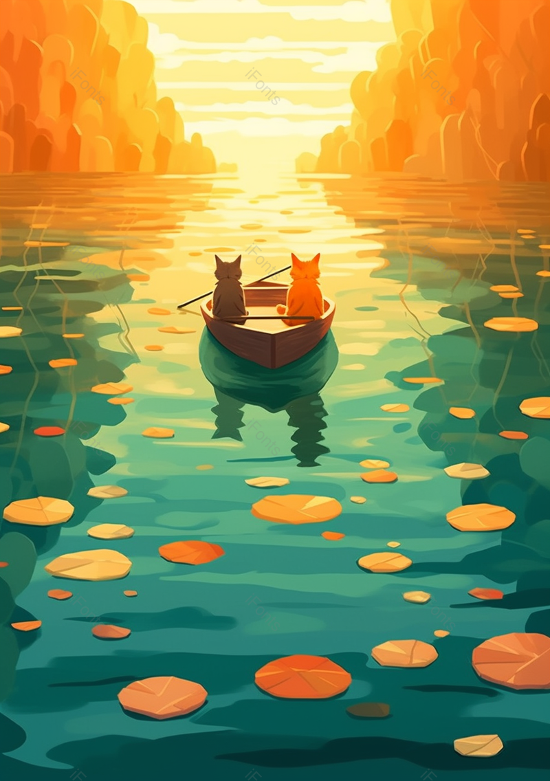 橙色晚霞夏日泛舟可爱风动物插画背景,插画/手绘图,插画/手绘图库,插画/手绘图下载,插画/手绘